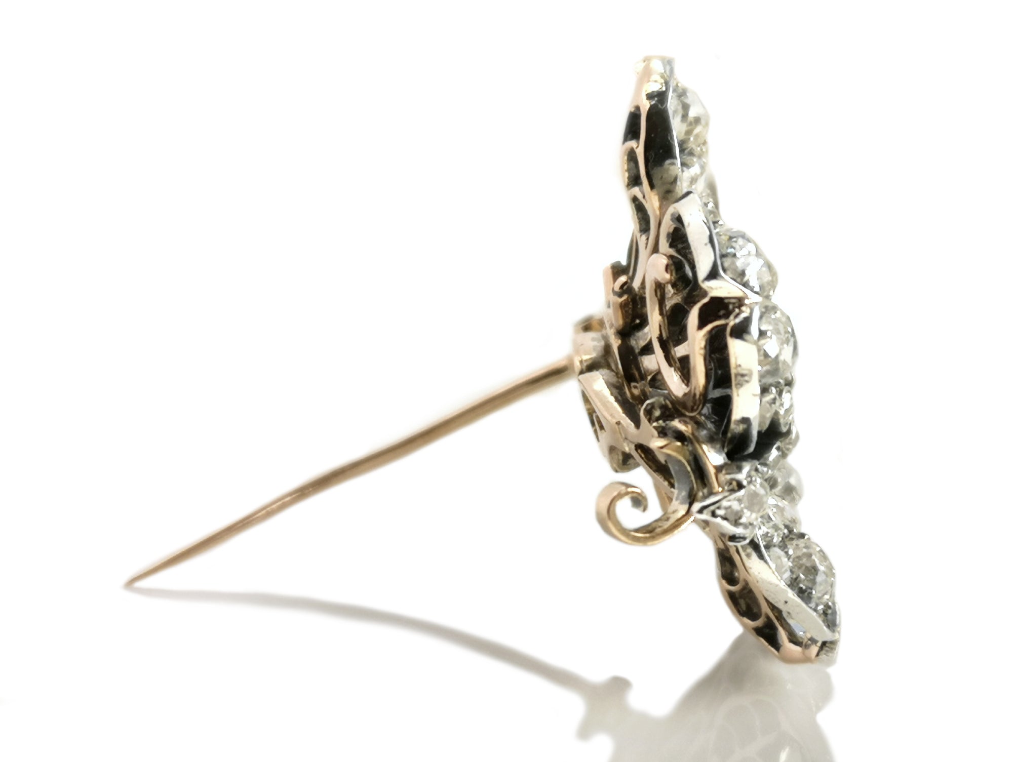 19th C Victorian 7.5ct Old Mine Cut Diamond Flower Brooch Silver on Gold