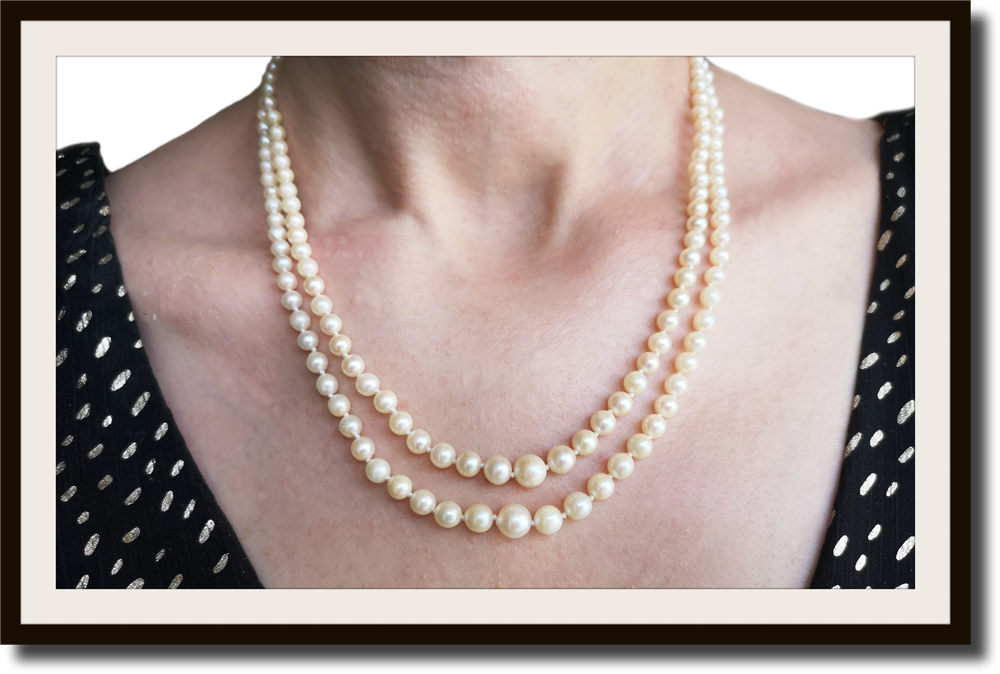 Vintage Akoya Two Strand Knotted Graduated Cultured Pearl Necklace 18k Clasp