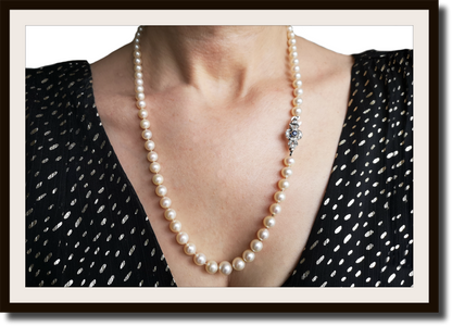 Vintage Graduated Cultured Akoya Pearl Necklace with Sapphire Diamond 18k Clasp