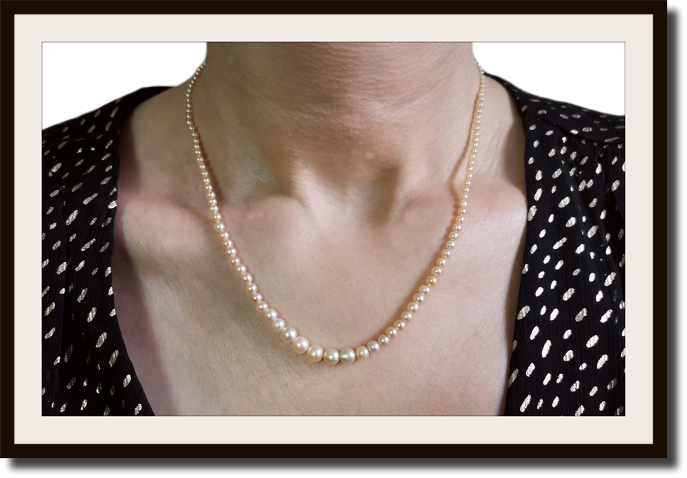 Art Deco Hand Knotted Graduated Cultured Pearl Necklace with Rose Cut Diamond Clasp