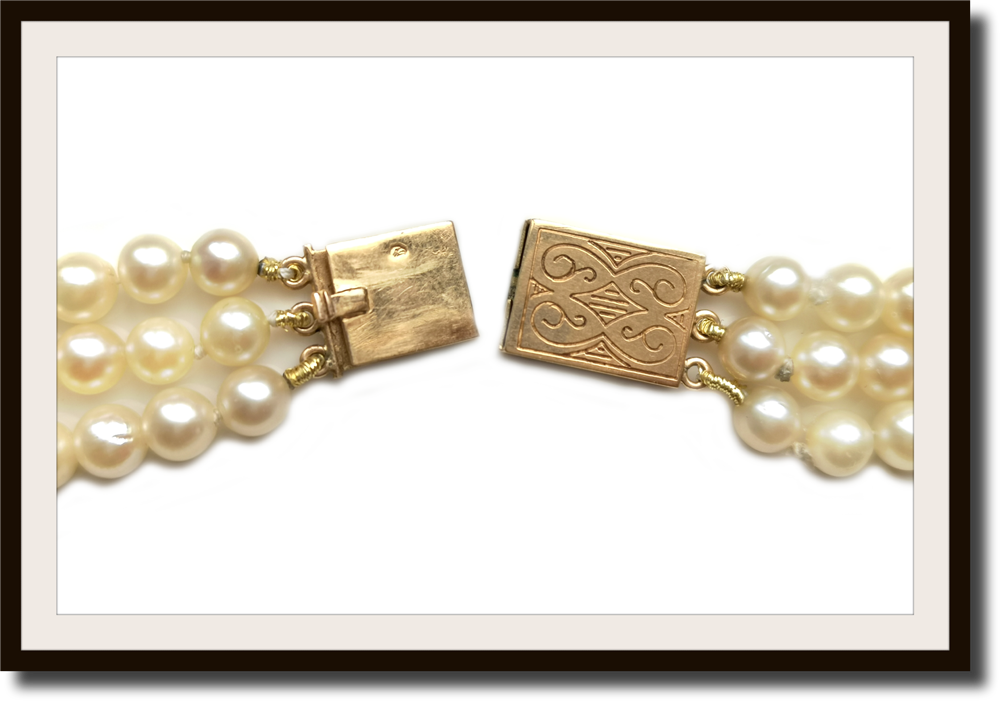 Vintage 1950s 3 Strand Graduated Retro Cultured Akoya Pearl Necklace with 18k Gold Clasp