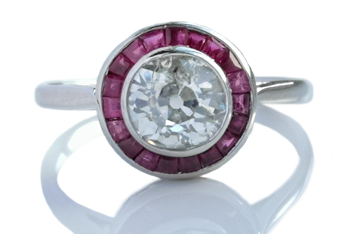 Original Art Deco .95ct Old Cut Diamond Calibre Ruby Halo Target Engagement Ring