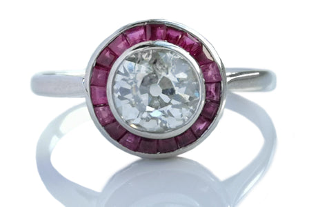Original Art Deco .95ct Old Cut Diamond Calibre Ruby Halo Target Engagement Ring