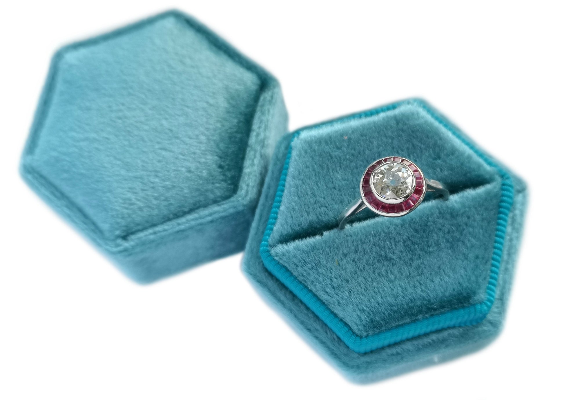 Original Art Deco 0.95ct Old Cut Diamond Calibre Ruby Halo Target Engagement Ring