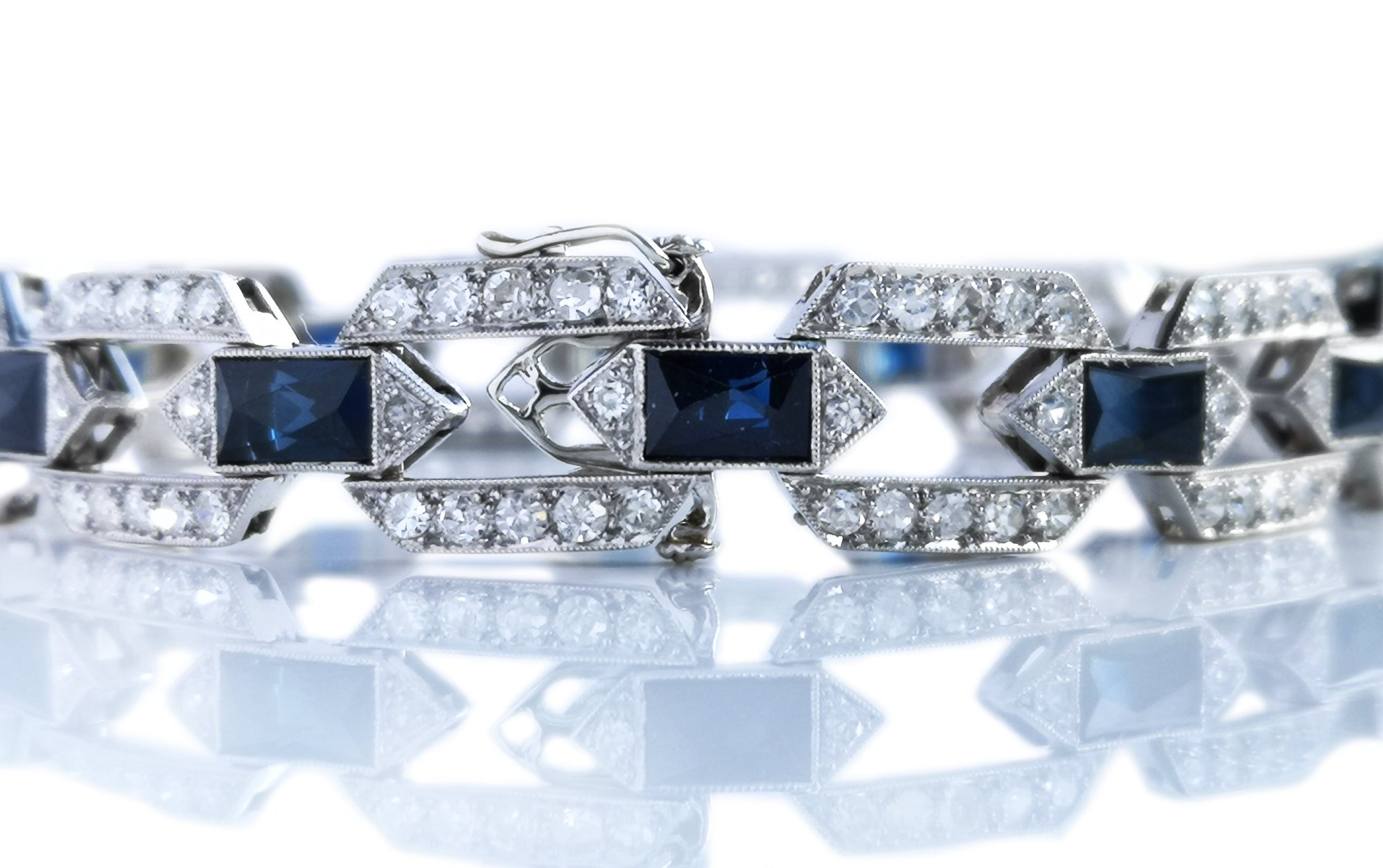 Art Deco Style Old Cut 3.84ct Diamond 6ct Sapphire Platinum Bracelet 7in