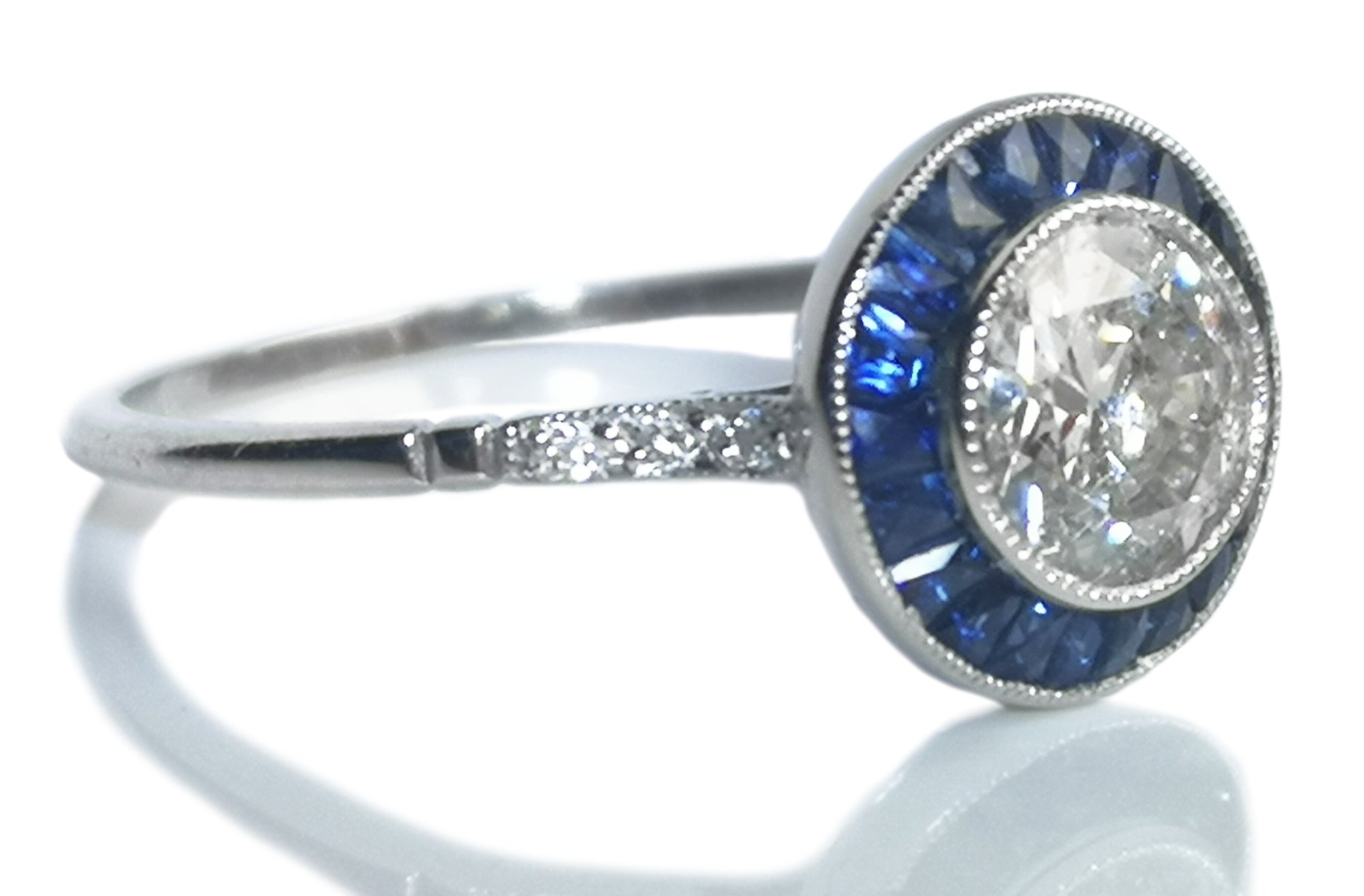 Original Art Deco .86ct Old Cut Diamond Calibre Sapphire Halo Target Engagement Ring