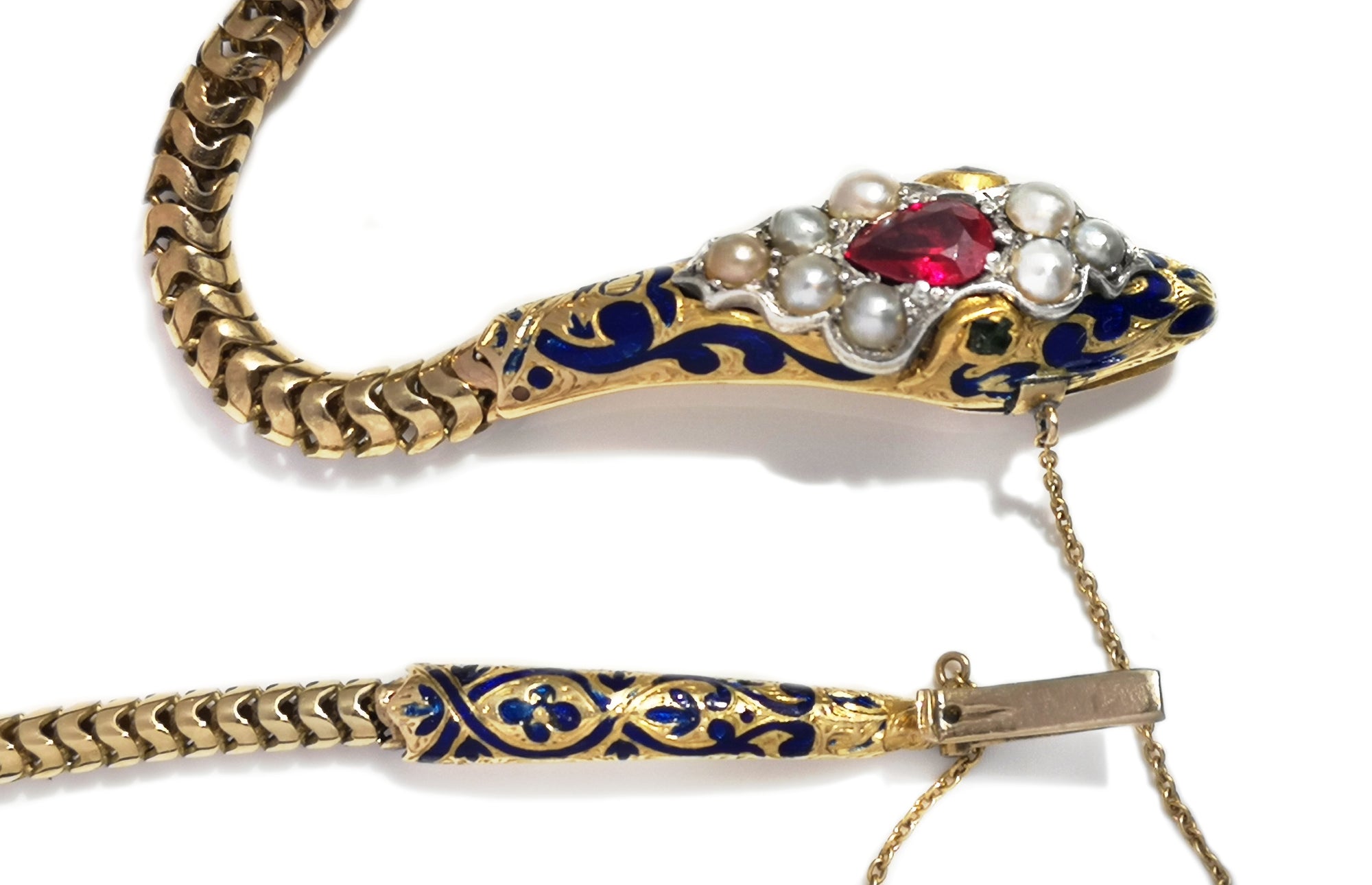 Antique Victorian Blue Enamel Ruby & Pearl 14k Gold Snake Necklace