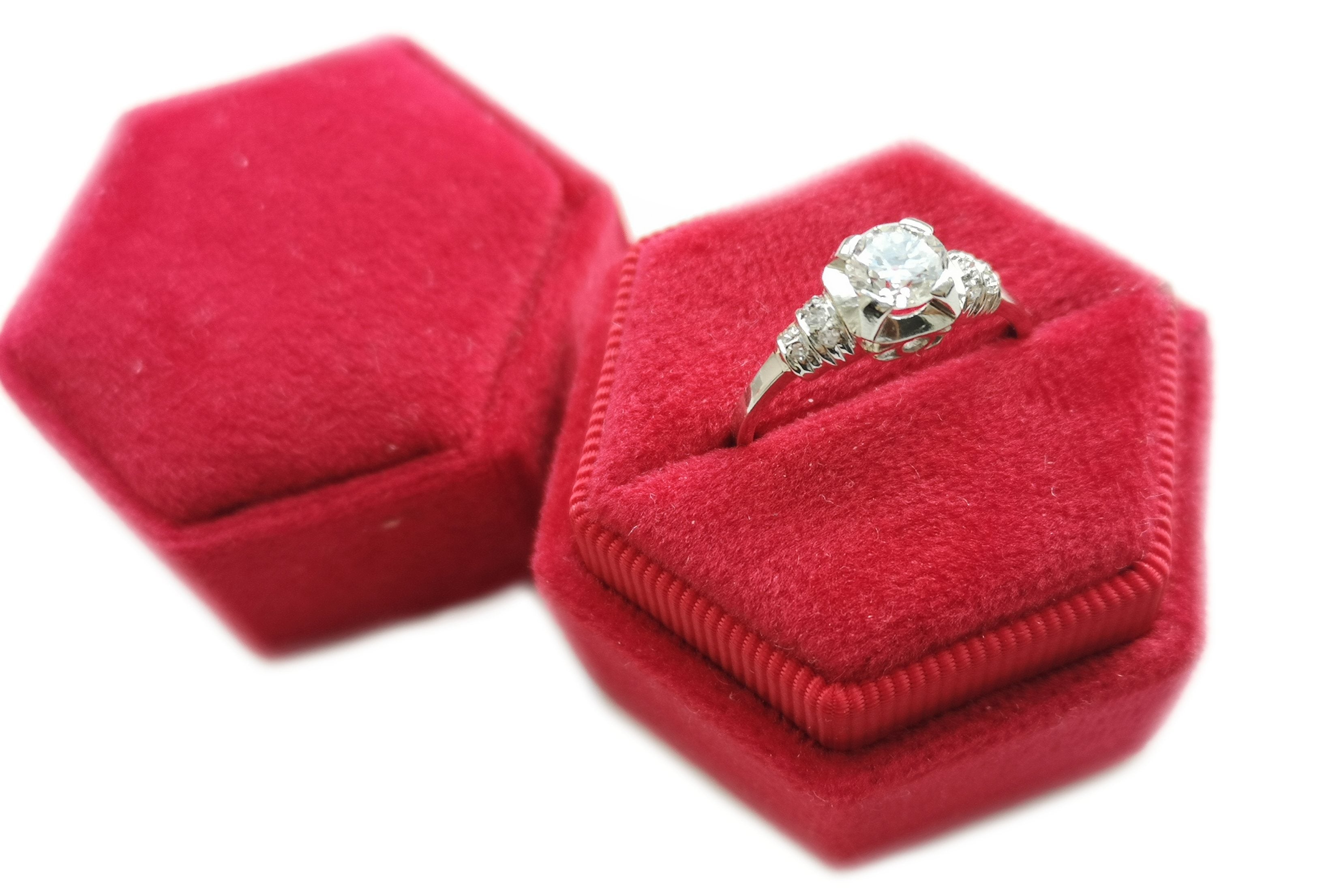 Art Deco 0.75ct Old Cut Diamond Engagement Ring in red velvet ringbox