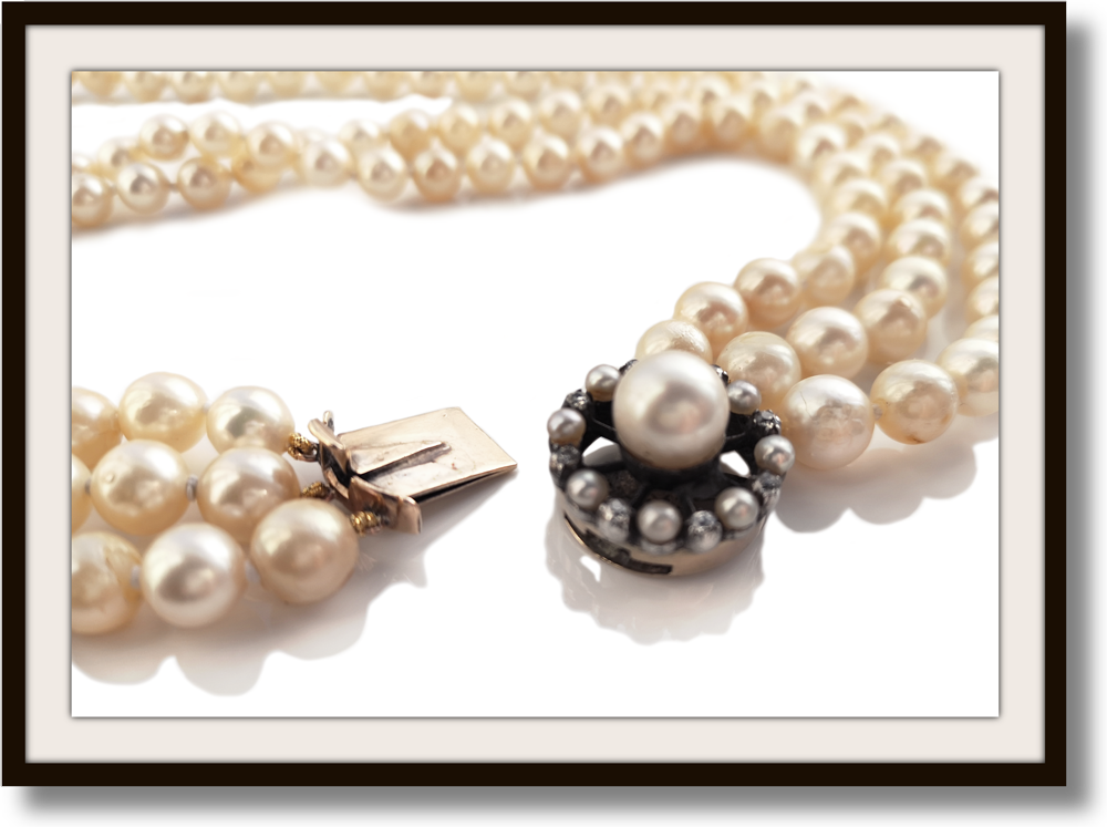 Vintage Edwardian 3 Strand Akoya Hand Knotted Graduated Cultured Pearl Necklace .50ct Old Cut Diamond Pearl Clasp 17in
