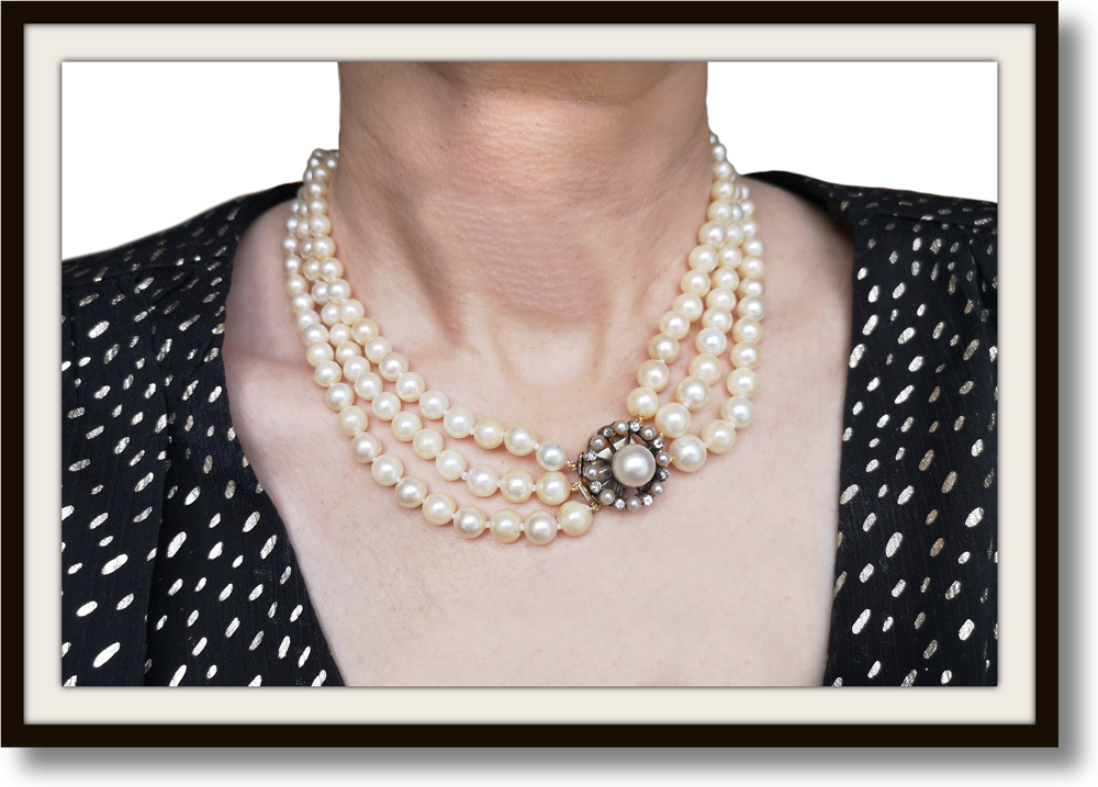 Vintage Edwardian 3 Strand Akoya Hand Knotted Graduated Cultured Pearl Necklace .50ct Old Cut Diamond Pearl Clasp 17in 