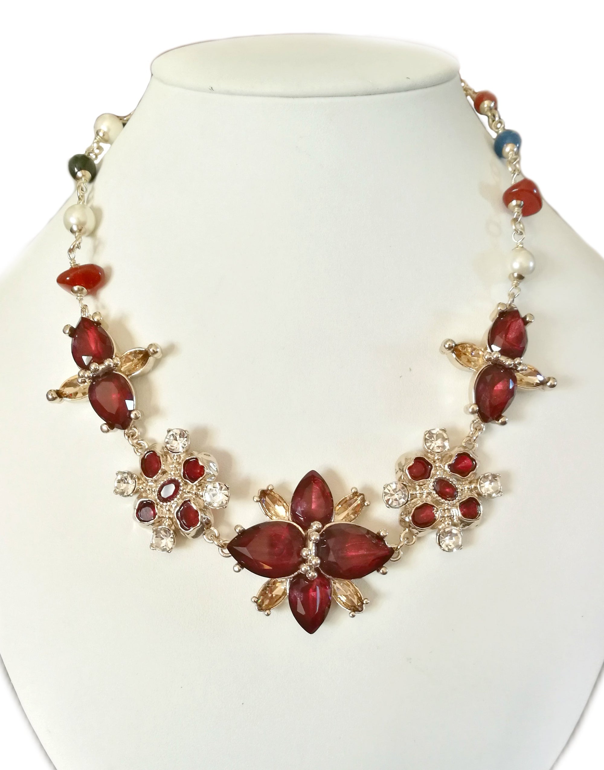Chanel Flower Imitation Garnet Gem and Pearl Set Necklace 2016A