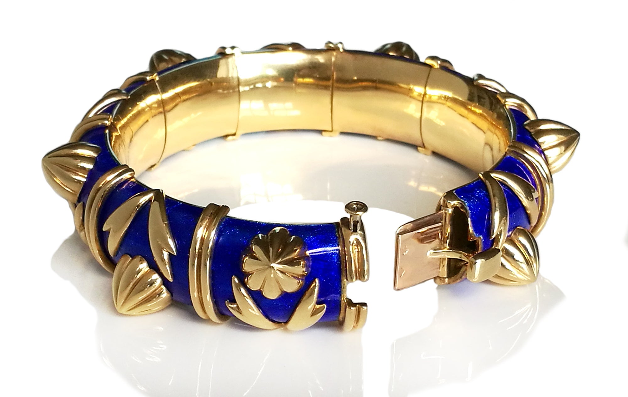 Tiffany & Co. Schlumberger Blue Paillonne Enamel 'Cones' Bracelet in  18k Yellow Gold