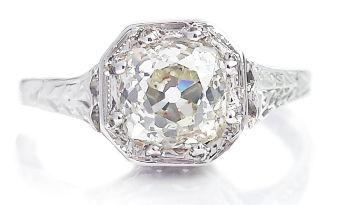 Art Deco L/SI2 Old Cushion Cut Diamond Engagement Ring