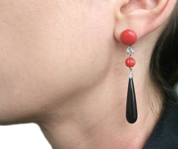 Art Deco Style Vintage Diamond, 18k Gold, Onyx & Coral Pendant Earrings - Bloomsbury Manor Ltd