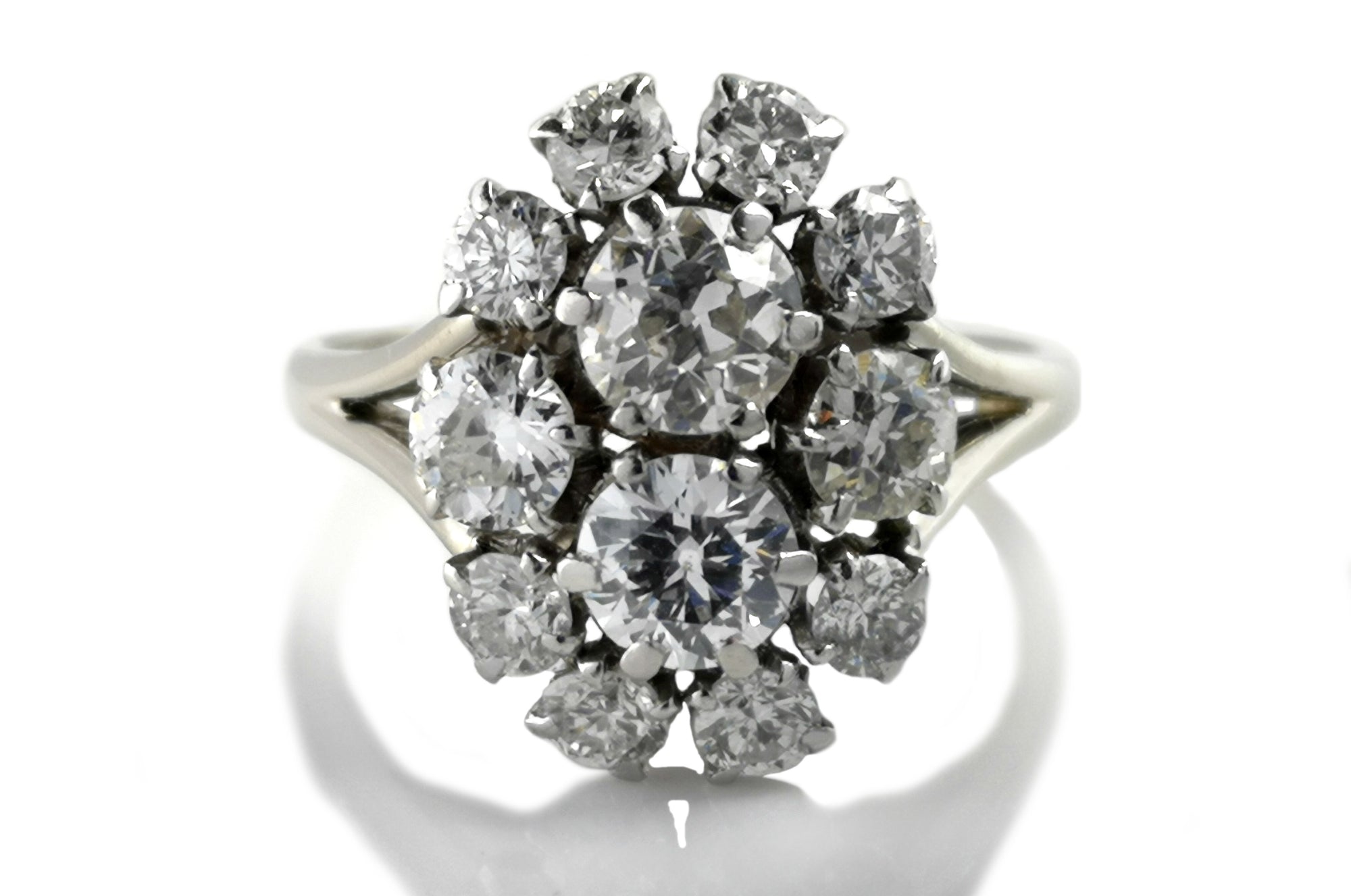 French Mid-Century 1950s 2.10tcw G/VS Old/Transitional Cut Diamond Cluster Engagement Ring