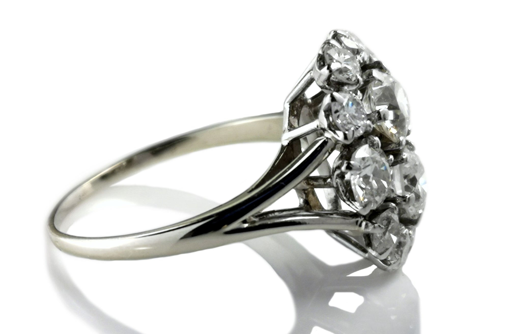 French Mid-Century 1950s 2.10tcw G/VS Old/Transitional Cut Diamond Cluster Engagement Ring