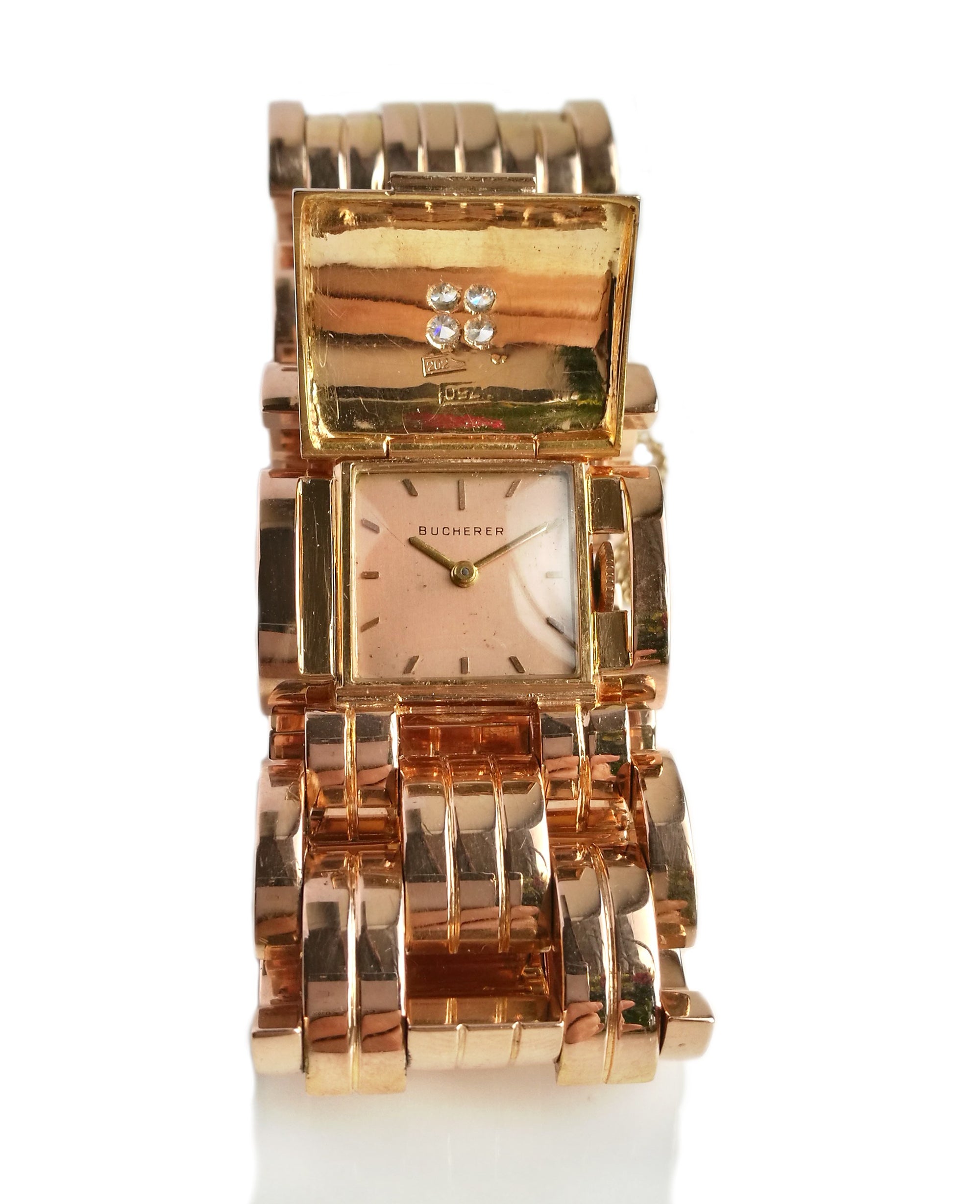 Vintage 1940s Bucherer Diamond Tank Bracelet Watch in 18k Rose Gold