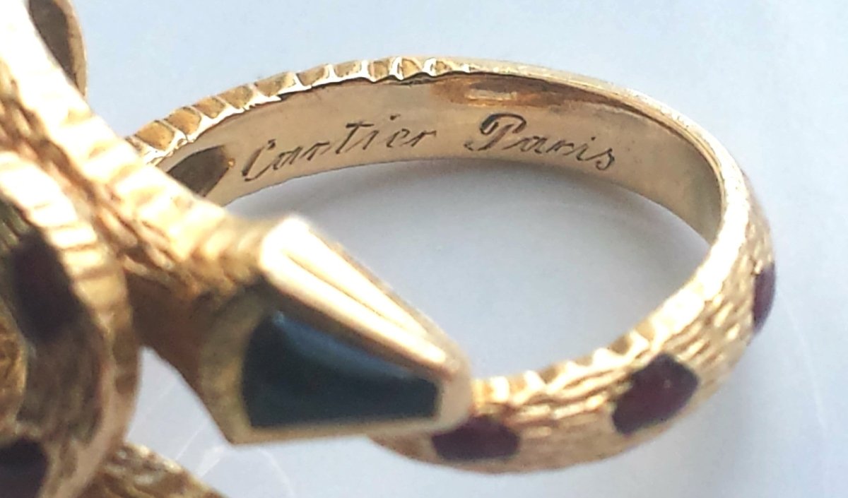 Cartier Rare Vintage 1970s Snake / Serpent Ring 18K Yellow Gold, Onyx & Enamel - Bloomsbury Manor Ltd