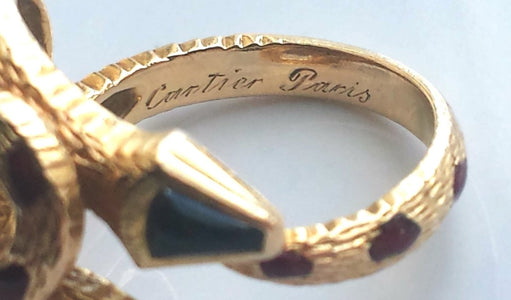 Cartier Rare Vintage 1970s Snake / Serpent Ring 18K Yellow Gold, Onyx & Enamel - Bloomsbury Manor Ltd