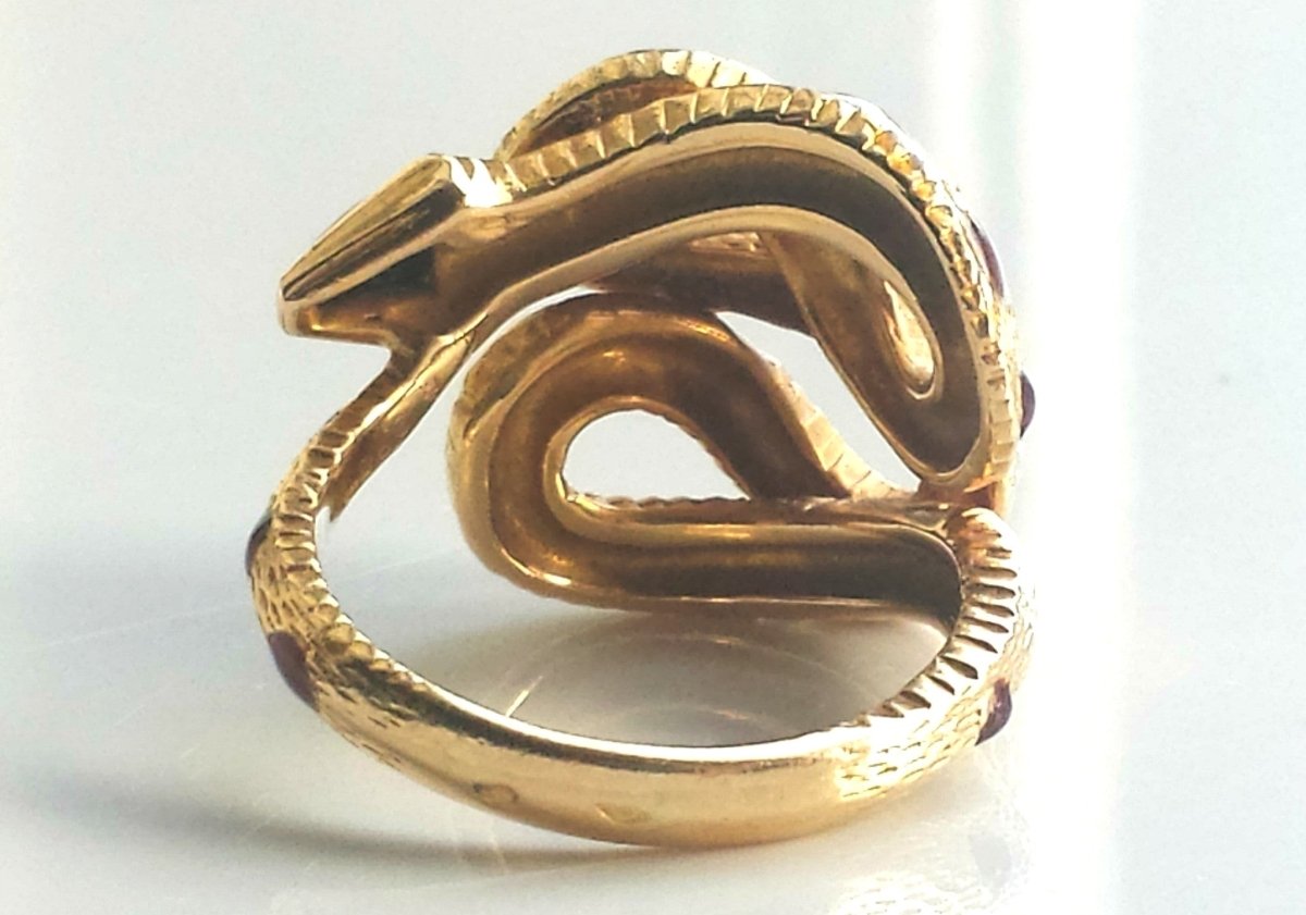 Cartier Rare Vintage 1970s Snake / Serpent Ring 18K Yellow Gold, Onyx & Enamel - Bloomsbury Manor Ltd