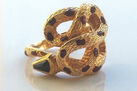 Cartier Rare Vintage 1970s Snake / Serpent Ring 18K Yellow Gold, Onyx & Enamel - Bloomsbury Manor Ltd