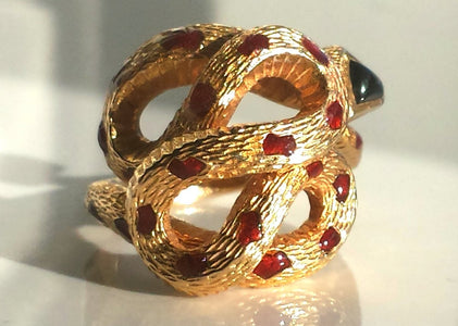 Cartier Rare Vintage 1970s Snake / Serpent Ring 18K Yellow Gold, Onyx & Enamel - Bloomsbury Manor Ltd