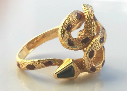 Cartier Rare Vintage 1970s Snake / Serpent Ring 18K Yellow Gold, Onyx & Enamel - Bloomsbury Manor Ltd
