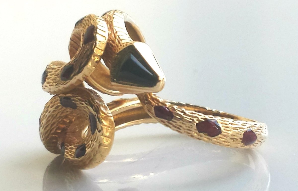 Cartier Rare Vintage 1970s Snake / Serpent Ring 18K Yellow Gold, Onyx & Enamel - Bloomsbury Manor Ltd