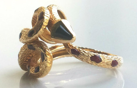 Cartier Rare Vintage 1970s Snake / Serpent Ring 18K Yellow Gold, Onyx & Enamel - Bloomsbury Manor Ltd