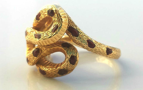 Cartier Rare Vintage 1970s Snake / Serpent Ring 18K Yellow Gold, Onyx & Enamel - Bloomsbury Manor Ltd