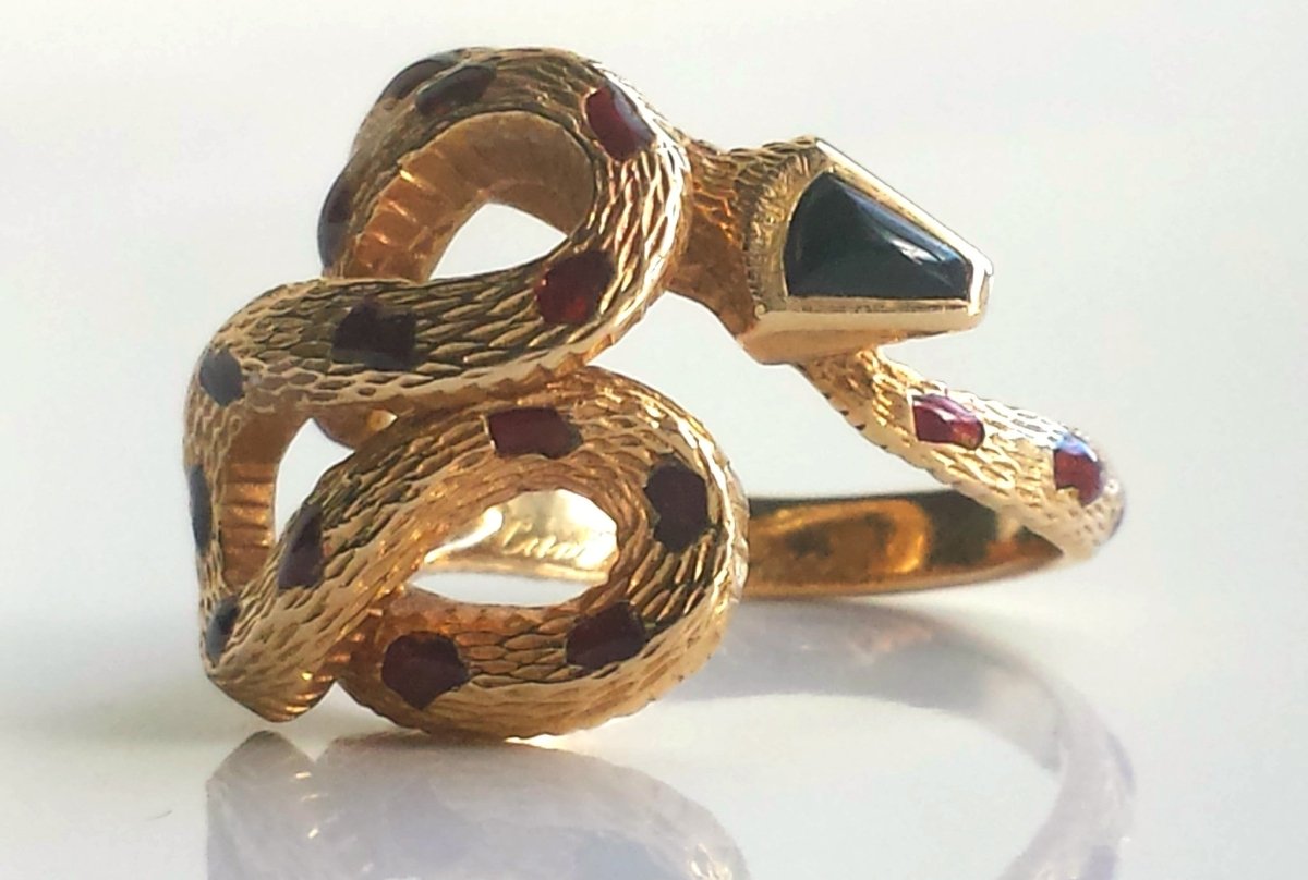 Cartier Rare Vintage 1970s Snake / Serpent Ring 18K Yellow Gold, Onyx & Enamel - Bloomsbury Manor Ltd