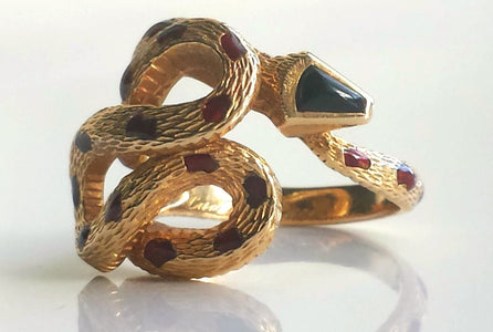 Cartier Rare Vintage 1970s Snake / Serpent Ring 18K Yellow Gold, Onyx & Enamel - Bloomsbury Manor Ltd