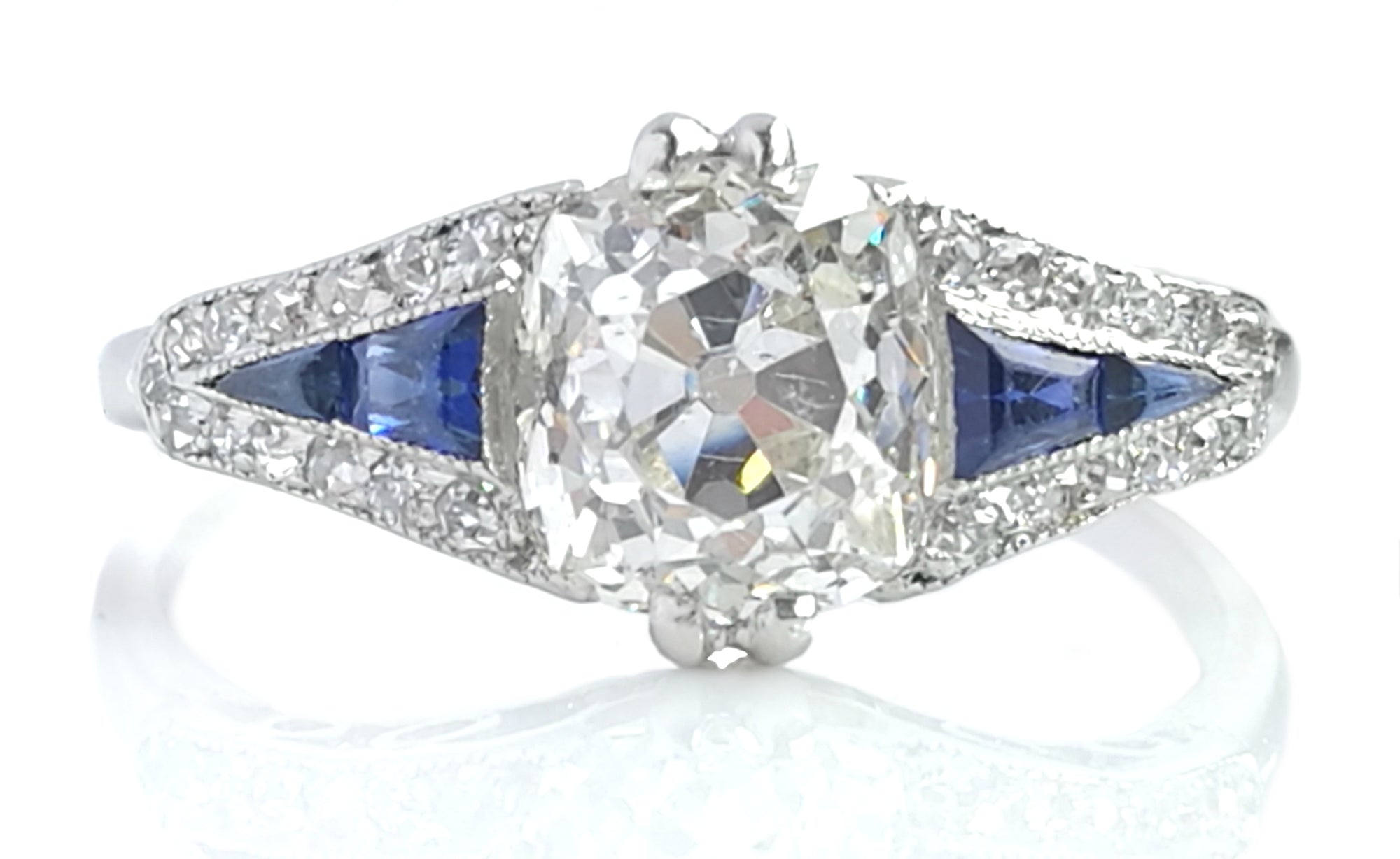 1920s Art Deco 1.60ct Old Cushion Cut Diamond & Sapphire Engagement Ring in Platinum