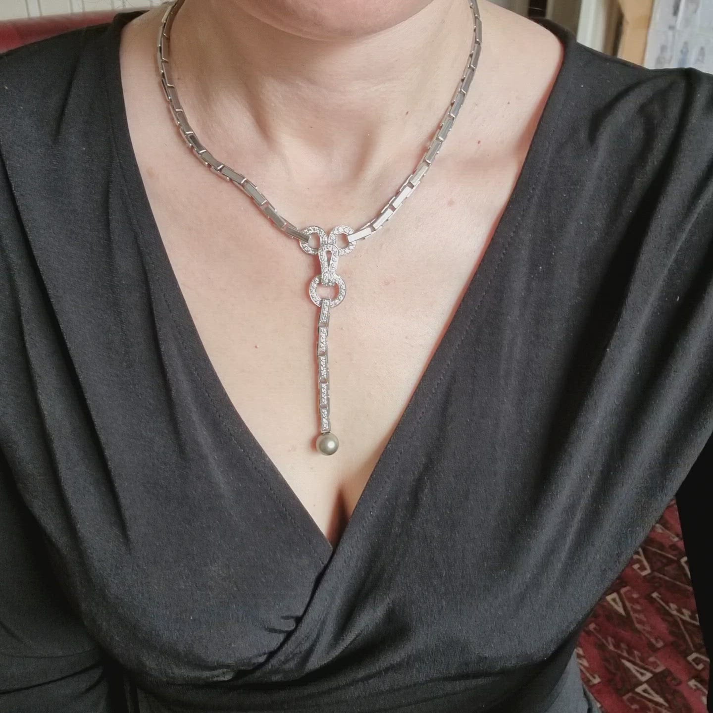 Cartier Diamond & Pearl Agrafe Necklace in 18k White Gold, video - Bloomsbury Manor Ltd