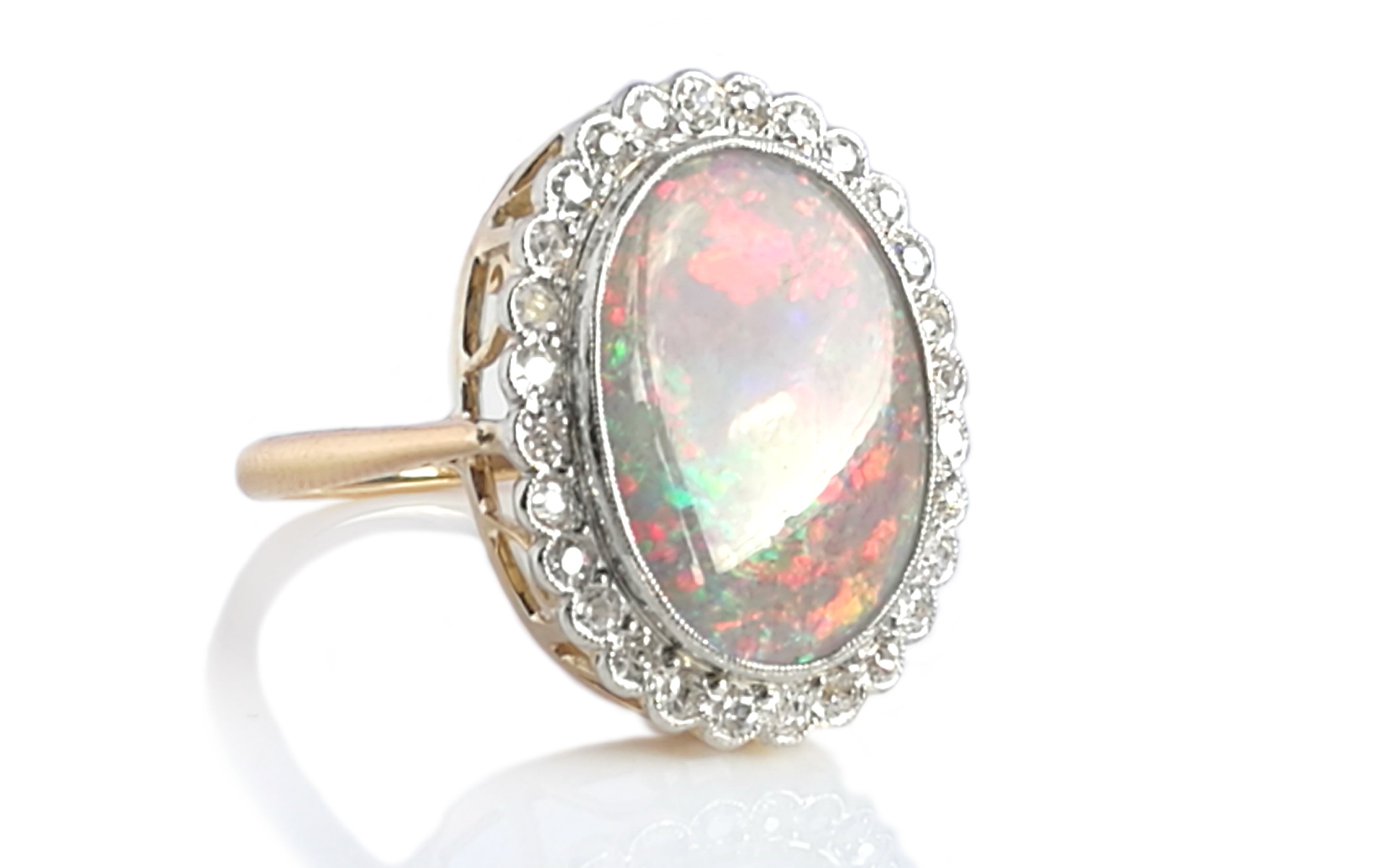 Antique Edwardian Victorian Opal & Old Cut Diamond Ring in 18k Yellow Gold