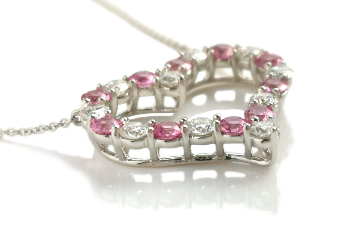 Tiffany & Co Large Hearts Diamond Pink Sapphire Pendant Necklace - Bloomsbury Manor Ltd