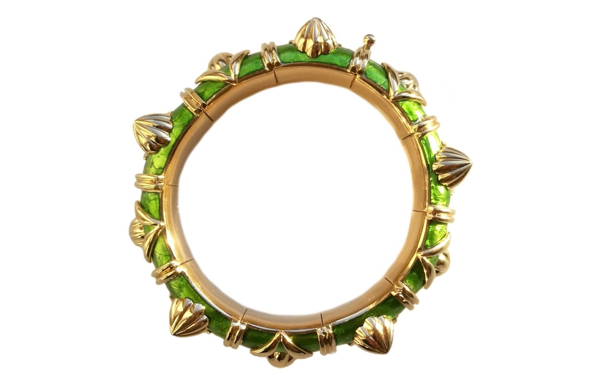 Tiffany & Co. Schlumberger Cones Bracelet in Green Paillonne Enamel & 18k Gold - Bloomsbury Manor Ltd