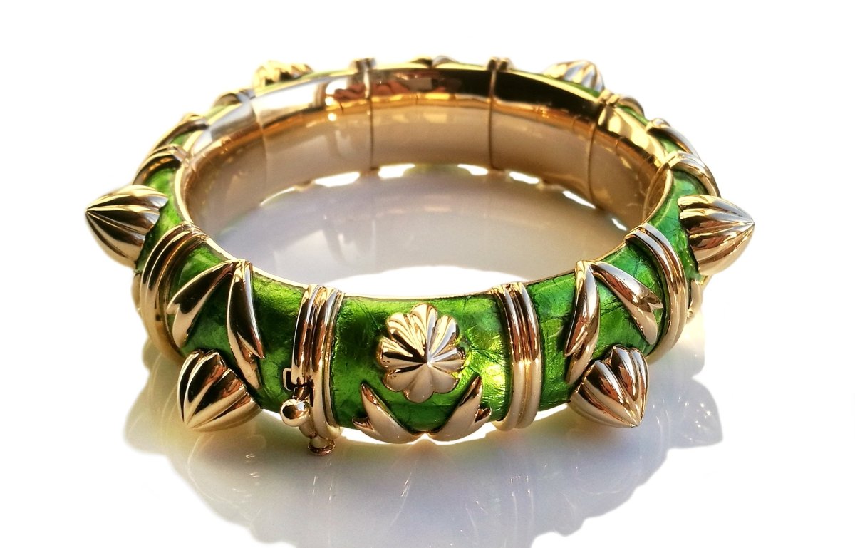 Tiffany & Co. Schlumberger Cones Bracelet in Green Paillonne Enamel & 18k Gold - Bloomsbury Manor Ltd