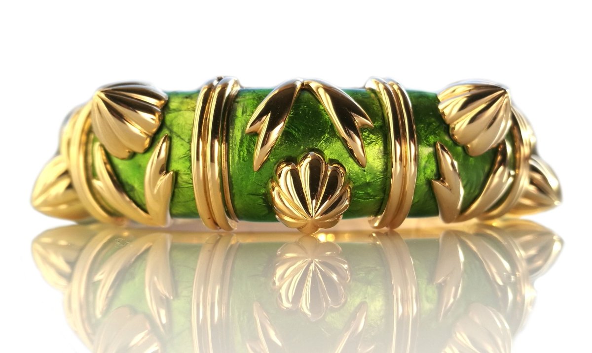 Tiffany & Co. Schlumberger Cones Bracelet in Green Paillonne Enamel & 18k Gold - Bloomsbury Manor Ltd