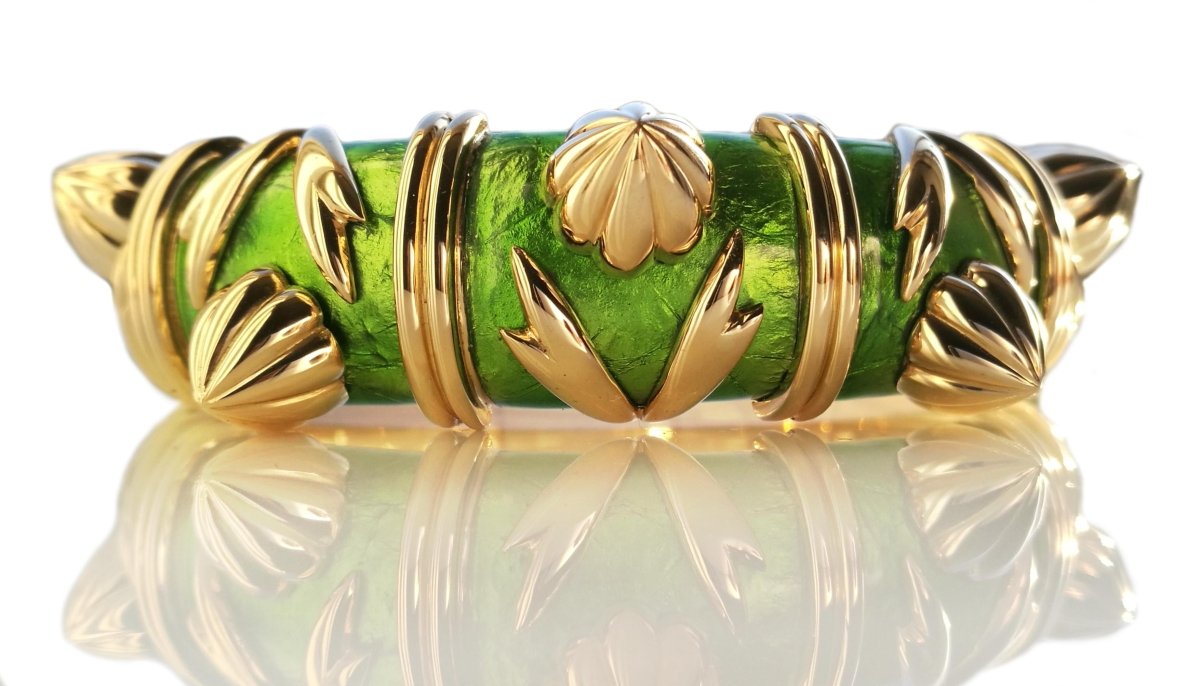 Tiffany & Co. Schlumberger Cones Bracelet in Green Paillonne Enamel & 18k Gold - Bloomsbury Manor Ltd