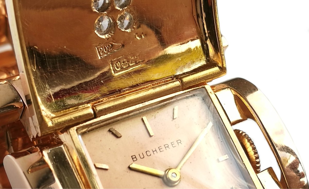Vintage 1940s Bucherer Diamond Tank Bracelet Watch in 18k Rose Gold - Bloomsbury Manor Ltd