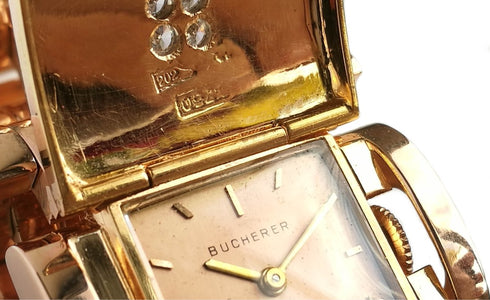 Vintage 1940s Bucherer Diamond Tank Bracelet Watch in 18k Rose Gold - Bloomsbury Manor Ltd