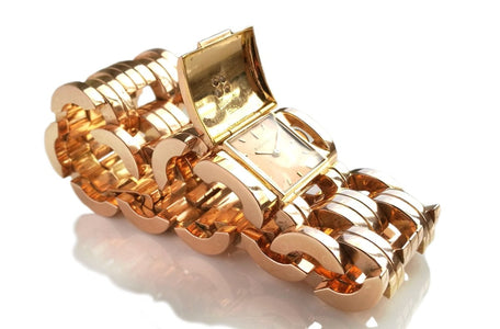 Vintage 1940s Bucherer Diamond Tank Bracelet Watch in 18k Rose Gold - Bloomsbury Manor Ltd