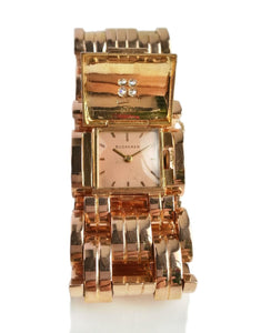 Vintage 1940s Bucherer Diamond Tank Bracelet Watch in 18k Rose Gold - Bloomsbury Manor Ltd