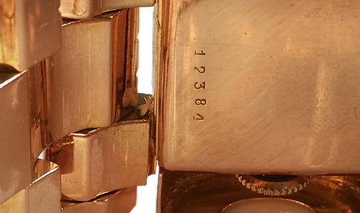 Vintage 1940s Bucherer Diamond Tank Bracelet Watch in 18k Rose Gold - Bloomsbury Manor Ltd