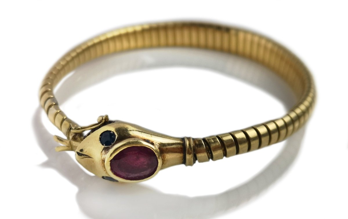 Vintage 1940s Tubogas Tourmaline & Sapphire Snake Ouoboros Bracelet - Bloomsbury Manor Ltd