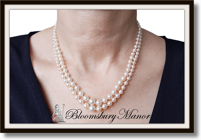 Vintage 1950s 2 strand 16in Graduated 7.43mm to 3.88mm Hand Knotted Cultured Akoya Pearl necklace 9k gold clasp rose cut diamond - Bloomsbury Manor Ltd