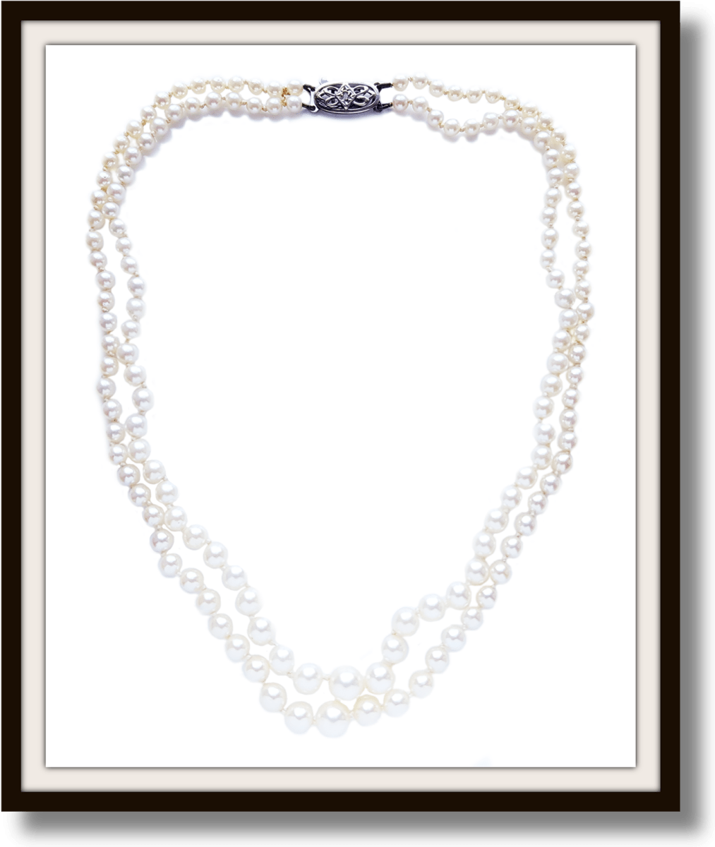 Vintage 1950s 2 strand 16in Graduated 7.43mm to 3.88mm Hand Knotted Cultured Akoya Pearl necklace 9k gold clasp rose cut diamond - Bloomsbury Manor Ltd