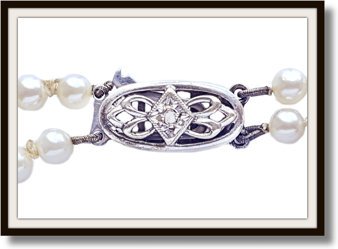 Vintage 1950s 2 strand 16in Graduated 7.43mm to 3.88mm Hand Knotted Cultured Akoya Pearl necklace 9k gold clasp rose cut diamond - Bloomsbury Manor Ltd