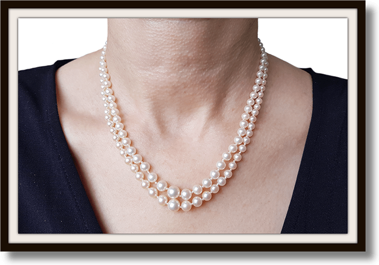 Vintage 1950s 2 strand 16in Graduated 7.43mm to 3.88mm Hand Knotted Cultured Akoya Pearl necklace 9k gold clasp rose cut diamond - Bloomsbury Manor Ltd